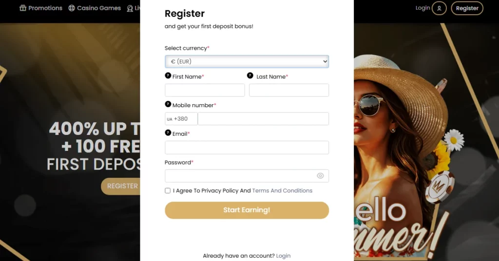 Big Wins Casino registration form